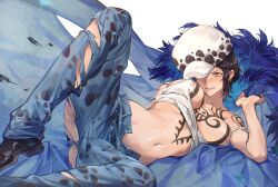 bare_midriff big_breasts biting_lip black_hair blush canon_genderswap cape chest_tattoo cloak female female_only female_trafalgar_law genderswap_(mtf) hat jeans jyukawa navel no_bra on_back on_side one_breast_out one_piece open_pants rule_63 short_hair solo tank_top tattoo tattooed_arm tattoos torn_clothes trafalgar_law trafalgar_law_(female)