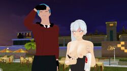 1boy 1girls 3d annoyed blue_hair breasts clothed_male dress dress_pull drunk flashing flashing_breasts medium_breasts neptune_vasilias nipples public_indecency rwby showing_breasts side_ponytail swimsuit taking_clothes_off theblackbirdcalls weiss_schnee white_hair white_hair_female