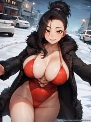 1girls ai_assisted ai_generated alternate_art_style artist_name asymmetrical_bangs bare_legs bare_thighs black_hair boku_no_hero_academia brown_eyes car city cleavage cloud coat curvy earrings erotic_nansensu flirting_look fur_trim huge_breasts jewelry large_breasts leotard looking_at_viewer momo_yaoyorozu my_hero_academia open_coat outstretched_arms patreon_username ponytail pov red_leotard sideboob sky smile snow solo standing street thick_thighs wide_hips winter