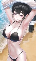 1girls armpits arms_up bare_shoulders beach bikini black_bikini black_choker black_hair breasts choker cleavage closed_mouth clothes_lift collarbone covered_nipples highres kfr large_breasts lifted_by_self long_hair looking_at_viewer low-tied_long_hair mole mole_on_breast navel original purple_eyes revision shirt shirt_lift smile solo stomach strap_gap swimsuit thighs wet wet_clothes wet_shirt white_shirt