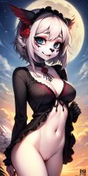 2024 ai_generated anthro black_clothing blue_eyes bottomless bottomless_female day_of_the_dead dia_de_los_muertos feline female full_moon furry hybrid inner_sideboob innie_pussy looking_at_viewer night rose_(flower) short_hair white_fur white_hair