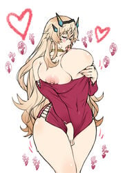 1girls bangs bare_shoulders barghest_(gawain)_(fate) blonde_hair breast_sucking breasts cleavage closed_eyes collarbone cross-laced_clothes fate/grand_order fate_(series) female highres horns huge_breasts jewelry licking_own_nipple long_hair long_sleeves neck_ring nipples off-shoulder_shirt off_shoulder open_mouth red_shirt self_breast_sucking shikishima_gangu shirt solo sweater thick_thighs thighs tongue tongue_out