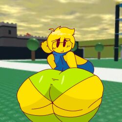 1girls ass blonde_hair blush_lines breasts cooliocoolgang female female_focus female_only hips large_ass large_breasts looking_back looking_back_at_viewer noob roblox shorts sideboob stockings thick_thighs thighs wide_hips yellow_skin