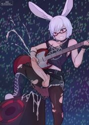 1boy 2024 balls boots bunny_ears choker cum cumshot electric_guitar erect_penis femboy final_fantasy final_fantasy_xiv girly glasses guitar hi_res jackrockhardt long_penis male male_only pantyhose penis penis_out penis_piercing playing_guitar red_eyes shorts solo taiyo_akari tank_top teeth_clenched torn_pantyhose viera white_hair