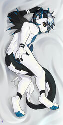 absurd_res anthro anus ass ass_up balls bed bed_sheet bedding big_tail blue_body blue_fur canid canine claws curved_horn dakimakura_design dakimakura_pose demon digital_drawing_(artwork) digital_media_(artwork) digital_painting_(artwork) erection fur furniture genitals hi_res hindpaw horn hybrid jewelry kadeki looking_at_viewer looking_back lying lying_on_bed male male/male mammal necklace nekrozs_(character) nude on_bed paws penis pinup pose presenting presenting_anus presenting_hindquarters provocative simple_background smile solo white_body white_fur yellow_eyes