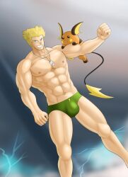 abs alabuster blonde_hair bulge dog_tag flexing lt_surge male male_only muscular pokemon smirk solo_male speedo