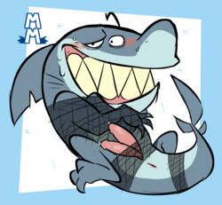 2021 anthro anus bound digital_media_(artwork) diphallia diphallism fang_(total_drama_island) fish genitals grey_body hi_res male male_focus male_only marine multi_genitalia multi_penis net penis shark sharp_teeth solo solo_male teeth torquewintress total_drama_island