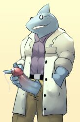 anthro balls blush boner clothing erection glasses male male_only muscles muscular penis penis_out rickpenman shark skullgirls solo solo_male stanley_whitefin