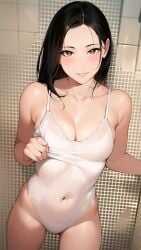 1girls ai_generated ai_mirror bathroom belly_button_visible_through_clothing black_hair blush bodysuit brown_eyes long_hair looking_at_viewer pulling_clothing shower small_breasts smile tile_wall white_bodysuit white_skin