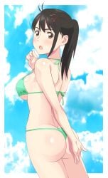 1girls alternate_version_available ass ass_focus back bikini blush brown_eyes brown_hair clouds embarrassed female female_only hi_res hips kiniro_tofu light-skinned_female light_skin long_hair looking_at_viewer navel open_eyes open_mouth outside sky solo solo_female suzume_(suzume_no_tojimari) suzume_no_tojimari swimwear thick_thighs thighs tied_hair underboob