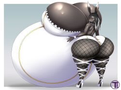 anthro big_ass big_breasts blush blushing fishnet_legwear fishnets glasses grey_body grey_eyes grey_skin heterochromia high_heels high_resolution highres hyper_pregnancy looking_back nervous pregnant rabbit red_eyes solo solo_female tape thick_ass thick_thighs timaeus