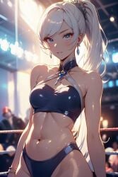 1girls ai_generated blue_eyes codestormcynet rwby weiss_schnee white_hair wrestling_outfit