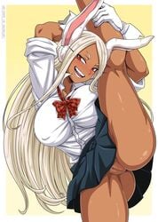 1girls ass athletic athletic_female bubble_butt busty card_(medium) dark-skinned_female dark_skin erect_nipples female female_focus female_only going_commando hourglass_figure innie_pussy kemonomimi long_hair miruko my_hero_academia nipple_bulge no_panties pubes pubic_hair pubic_hair_peek pussy pussy_stubble rabbit_ears rabbit_tail rumi_usagiyama sano-br school_uniform schoolgirl shounen_jump skirt sleeves_rolled_up slim_waist solo solo_female spread_legs standing_on_one_leg tagme thick_thighs toned toned_female vagina variant_set white_hair wide_hips