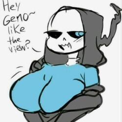 1girls 2d artist_request big_breasts breasts ectobody ectobreasts english_text female female_only female_sans humanoid reaper_sans rule_63 sans sans_au smug solo tagme talking text undertale_(series) undertale_au