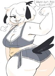 1girls ass big_ass big_breasts big_butt black_fur breasts canid canine canis clothed clothing dialogue dog dog_ears dog_tail domestic_dog english_text female female_only flexing fur furry furry_only huge_ass looking_at_viewer looking_back open_mouth panties pepper_(puppychan) pose posing puppychan rear_view simple_background solo speech_bubble sports_bra sportswear sweat tagme tail text thick_thighs white_background white_fur white_hair wide_hips