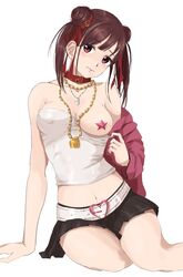 arm_support bangs belt black_skirt breasts brown_hair chain_necklace collar collarbone commentary_request covered_nipples crop_top double_bun eyebrows_visible_through_hair female gatsby_ssl head_tilt highres idolmaster idolmaster_shiny_colors jacket jewelry long_sleeves looking_at_viewer medium_breasts midriff miniskirt navel necklace one_breast_out pasties pink_jacket pink_pasties pleated_skirt red_collar red_eyes short_twintails simple_background sitting skirt solo sonoda_chiyoko star_pasties strapless tubetop twintails undressing white_background white_belt white_tube_top yokozuwari