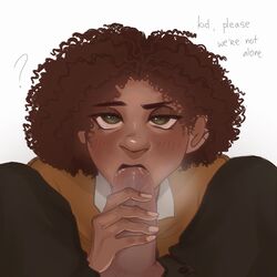 2boys blush brown_hair camilo_madrigal dark-skinned_femboy dark-skinned_male dark_skin dialogue disney encanto english_text fellatio femboy gay girly green_eyes heart-shaped_pupils lanibbai latino male_only oral teenage_boy teenager yaoi