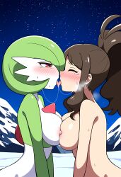 ai_generated brown_hair closed_eyes french_kiss gardevoir hilda_(pokemon) kissing lesbian lesbian_kiss nipples nipples_touching open_eyes pokemon pokemon_(species) red_eyes saliva saliva_string saliva_trail snow stars tears vulnerablefish yuri