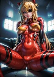 ai_generated asuka_langley_sohryu bangs blonde_hair blue_eyes bodysuit breasts breasts_apart cameltoe covered_navel crotch eyepatch female hair_between_eyes headgear impossible_bodysuit impossible_clothes indoors interface_headset lips long_hair looking_at_viewer medium_breasts metadata_request neon_genesis_evangelion pilot_suit plugsuit red_bodysuit shiny shiny_clothes sitting skin_tight solo spread_legs very_long_hair