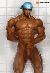 archie_(pokemon) balls bara beard big_penis dark_skin facial_hair flaccid gay human male male_only muscles muscular na_insoo nude penis pokemon rennik smirk solo solo_male team_aqua tile_wall tiles