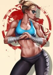 abs artist_name bandaged_arm bandaged_hand bandages blonde_hair blue_eyes breasts cassie_cage commentary dandon_fuga english_commentary female fist_in_hand fit fit_female large_breasts midriff mortal_kombat mortal_kombat_x muscular muscular_female navel short_hair solo sports_bra standing sunglasses thick_thighs tights tinted_eyewear