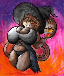 absurd_res anthro ass big_breasts big_butt breast_squish breasts brown_body brown_fur clothed clothing curvy_figure deep_navel fangs female fingers floppy_ears freckles freckles_on_face fur gouache_(artwork) hair hat headgear headwear hi_res huge_breasts katherine_(appledees) lagomorph large_breasts leporid living_tail long_ears magic_user mammal multicolored_body multicolored_fur navel overweight overweight_anthro overweight_female painting_(artwork) rabbit red_eyes sheebibites short_hair smile smirk smirking_at_partner solo squish standing tail tail_hand tail_mouth teeth thick_thighs tight_clothing tongue traditional_media_(artwork) unusual_anatomy unusual_tail voluptuous voluptuous_anthro voluptuous_female wide_hips witch witch_costume witch_hat yellow_sclera