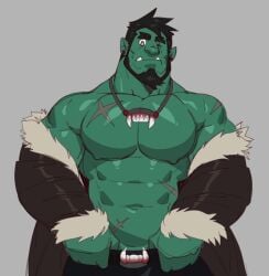 bara beard chesschirebacon facial_hair green_body green_skin male male_only muscles muscular no_visible_genitalia one_eye_closed open_jacket orc scars solo solo_male