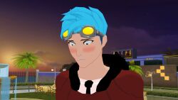 1boy blue_hair blush clothed_male faceless_female goggles goggles_on_head looking_down neptune_vasilias rwby shocked_expression theblackbirdcalls