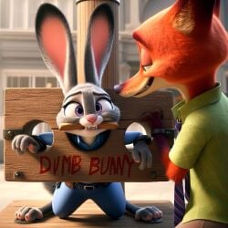 ai_generated bondage cop dogmantc gagged judy_hopps nick_wilde no_humans pillory police police_uniform policewoman writing zootopia