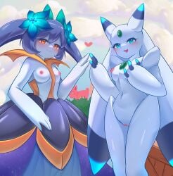 2girls anthro areola ass big_ass big_thighs blue_eyes blue_hair breasts cattiva cute female female_only lalamedli looking_at_viewer lunaris_(pal) lyleen multiple_girls nipples orange_hair pal_(species) palworld plant pussy robot robot_girl small_breasts smile smiling smiling_at_viewer tagme thick_hips thick_thighs thighs white_body