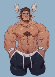 antlers bara beard beastman blush chesschirebacon facial_hair male male_only muscles muscular ralph_(chesschirebacon) shirtless shorts solo solo_male