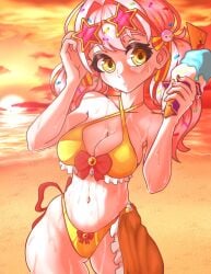 1girls aisu_kurimu beach bikini cleavage clouds female female_focus female_only glasses glasses_on_head highres holding_object ice_cream ice_cream_cone ice_cream_girl just_4ngels latam_virtual_youtuber light-skinned_female light_skin medium_hair ocean pink_hair pink_nails ribbons standing sun sunset swimsuit virtual_youtuber vtuber vtuberfanart wet wet_body yellow_eyes yume_girls!