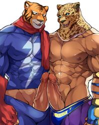 2boys abs anthro big_penis clothing erection felid fingerless_gloves for_a_head frottage gay genitals gloves green_eyes handwear hi_res human hybrid jaguar king_(tekken) kurosuke0755 looking_pleasured male male/male male_only mammal muscular muscular_anthro muscular_male nipples p_productions pantherine pecs penis sex standing tekken tetsujin_tiger_seven tiger underwear vein veiny_muscles veiny_penis video_games yaoi