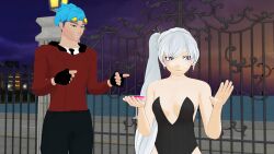 1boy 1girls blue_hair clothed_female clothed_male dress flirting neptune_vasilias rwby theblackbirdcalls weiss_schnee white_hair white_hair_female wine wine_glass