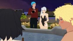 2boys 2girls black_hair black_hair_female blake_belladonna blonde_hair blue_hair cat_ears hot_tub neptune_vasilias rwby sun_wukong_(rwby) swimsuit theblackbirdcalls weiss_schnee white_hair white_hair_female