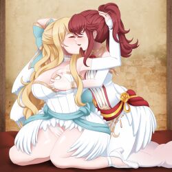 2girls alternate_costume anna_(fire_emblem) anna_(fire_emblem_fates) blonde_hair breast_grab breasts charlotte_(bridal)_(fire_emblem) charlotte_(fire_emblem) cleavage female female_only fingering fingering_partner fire_emblem fire_emblem_fates fire_emblem_heroes groping hair_ribbon hand_on_head incognigoat jewelry kissing kneeling large_breasts long_hair multiple_girls nintendo official_alternate_costume ponytail reach_around red_hair thick_thighs thighhighs wedding_dress wedding_ring wedding_veil yuri