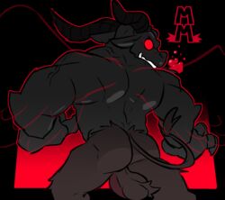 1boy 2021 anthro ass backsack balls black_body black_fur black_horn bovid caprine caprine_demon demon digital_media_(artwork) fur genitals goat goat_demon hi_res horn male male_only mammal muscular muscular_anthro muscular_male nude rear_view red_eyes satan_(the_binding_of_isaac) solo the_binding_of_isaac torquewintress video_games