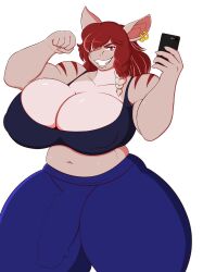 anthro big_breasts bulge ear_piercing flexing frankie_(jendashark) futa_only futanari mythos_(artist) phone red_hair shark sharp_teeth sports_bra thick_ass thick_thighs tights