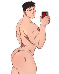 1boy ass back back_muscles back_view bara big_ass big_butt black_hair black_thong black_underwear blue_eyes bubble_ass bubble_butt cellphone conner_kent dc dc_comics dkmate holding_object holding_phone human human_only kon-el light-skinned_male light_skin looking_at_phone male male_focus male_only muscles muscular muscular_male pawb phone_case presenting_ass presenting_butt simple_background smooth_skin solo solo_focus solo_male superboy superboy_(conner_kent) superman_(series) taking_picture teen_boy thick_thighs thong thong_only underwear underwear_only white_background young_justice