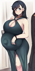 alternate_costume bag bare_shoulders black_hair blue_eyes blush breasts cleavage collarbone curvy dress female green_dress hair_down hair_ornament hairclip halter_dress halterneck handbag highres holding holding_bag huge_breasts kantai_collection konoshige_(ryuun) long_hair looking_at_viewer pregnant ryuun_(stiil) side_slit sleeveless sleeveless_dress smile solo solo_focus souryuu_(kantai_collection) standing watch wide_hips wristwatch