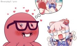 1animal 1girls afterimage anger_vein angry black-framed_eyewear blank_eyes blush chibi drooling everyday2 freckles genshin_impact glasses imagining nerd_emoji open_mouth sangonomiya_kokomi simple_background white_background zoophilia