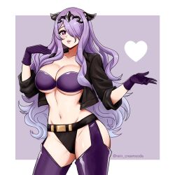 1girls alternate_costume angel_(kof) angel_(kof)_(cosplay) artist_name black_panties breasts camilla_(fire_emblem) commission cosplay crown fake_horns female female_only fire_emblem fire_emblem_fates garter_straps gloves hair_over_one_eye heart horns king_of_fighters large_breasts lips long_hair looking_at_viewer nintendo panties parted_lips purple_eyes purple_gloves purple_hair rein_creamsoda smile solo thighhighs underwear waves