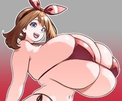 1girls belly_button big_breasts bikini bikini_bottom bikini_top blue_eyes breasts breasts_bigger_than_head brown_hair busty busty_female female female_only game_freak gigantic_breasts gradient_background huge_breasts large_breasts long_hair looking_at_viewer may_(pokemon) mewmaster93 pokemon red_bikini red_ribbon ribbon ribbon_in_hair sexy_body smile smiling_at_viewer teeth tongue