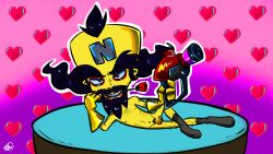 1boy artist_request balls bedroom_eyes crash_(series) crash_twinsanity doctor_neo_cortex gun heart heart_background laying_down looking_at_viewer male male_only nude penis short_male signature solo suggestive suggestive_pose ugly_man video_games yellow_body