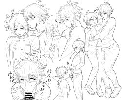 2boys 2d 2d_(artwork) ahoge anteater_face black_and_white blush clothed clothing cute danganronpa danganronpa_v3 fellatio femboy fully_clothed gay girly happy heart highres hug hugging jewelry kissing licking licking_ear male male/male male_only monochrome multiple_images multiple_views oral rantaro_amami saihara_shuuichi shuichi_saihara sucking sucking_penis twink wadoru327 wholesome yaoi