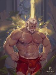 1boy 1male bara beard bulge dripping gay male male_only man mature_male muscular muscular_arms muscular_legs muscular_male overwatch overwatch_2 penis penis_under_clothes reinhardt reinhardt_(overwatch) shirtless showering solo swimming_trunks water watermark white white_hair