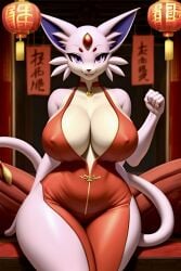 ai_generated anthro big_breasts chinese_clothes chinese_lantern chinese_new_year eeveelution espeon female female_only frosting.ai high_slit_dress lunar_new_year nipple_bulge pokémon_(species) pokemon self_upload thick_thighs voluptuous weedvee420 year_of_the_dragon