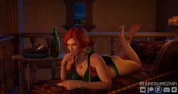 1girls 3d black_lingerie blendguardian bra female_only indoors laying_on_couch legs_crossed legs_up letho_of_gulet looking_up panties reading solo the_witcher_(series) the_witcher_2 triss_merigold underwear watermark wine