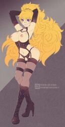 areolae big_breasts blonde_hair boots breasts gensox high_heel_boots knee_boots laced_boots long_hair nipples pussy rwby shaved_pussy shiny_hair shiny_skin smile tagme very_long_hair yang_xiao_long