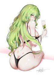 1girls artist_request ass back_view chaciooh clothing drink female female_only green_eyes green_hair honkai_(series) honkai_impact_3rd lingerie long_hair mobius_(honkai_impact) rear_view sideboob snake_eyes snake_girl wardrobe_malfunction